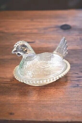 Hen On Nest Clear Indiana Glass Vintage  Chicken Decor Candy Nuts Trinket Dish 