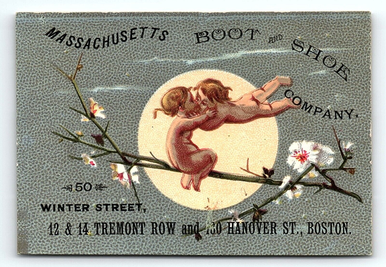 c1880 BOSTON MASSACHUSETTS BOOT AND SHOE CHERUB WINTER STREET TRADE CARD Z1446