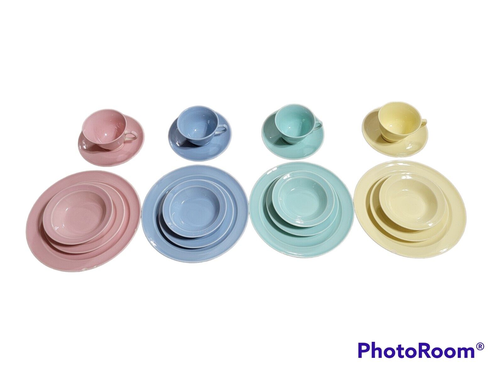 Vintage Luray Dinnerware Set Pastel Rainbow Dishes Cups Saucers Bowls Set2