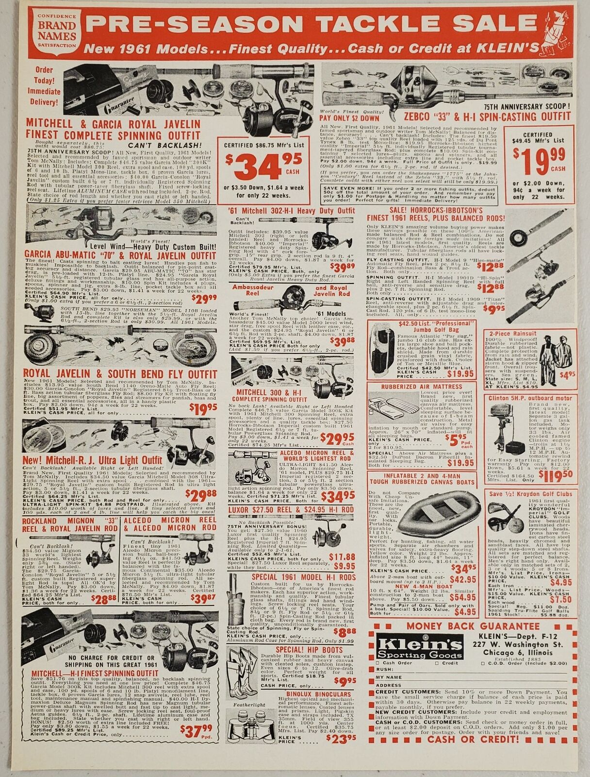 1960 Print Ad Mitchell,Garcia,Zebco Fishing Gear Klein's Sporting Goods Chicago