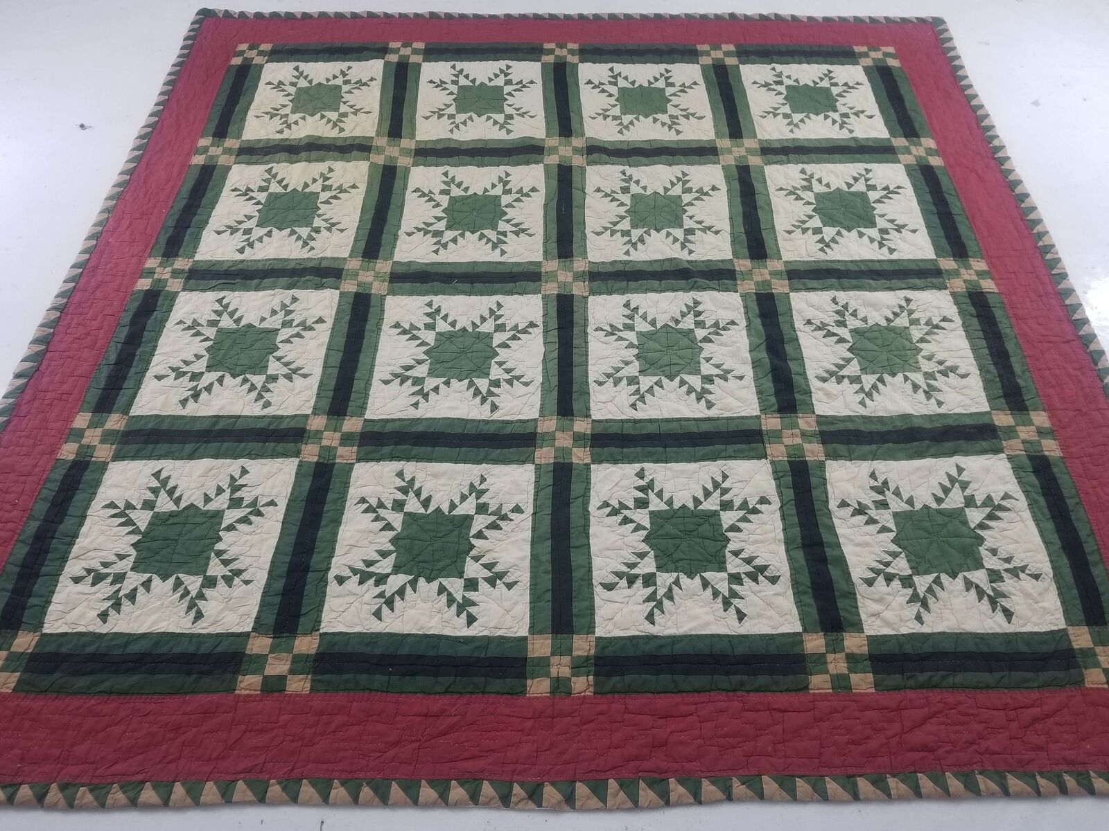 Vintage SouthWestern Style Red And Green Hand Stitched  Quilt 83x81 inch