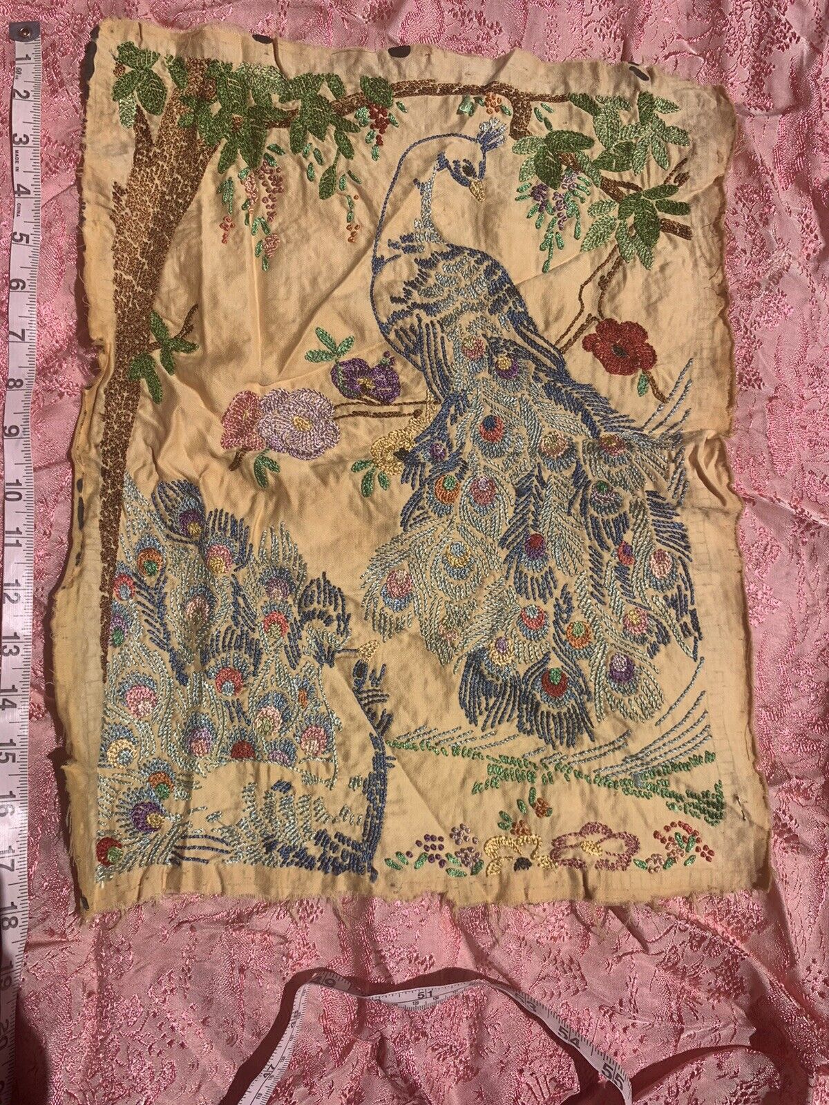 Antique 20s Peacock Floral Embroidered Fabric Piece