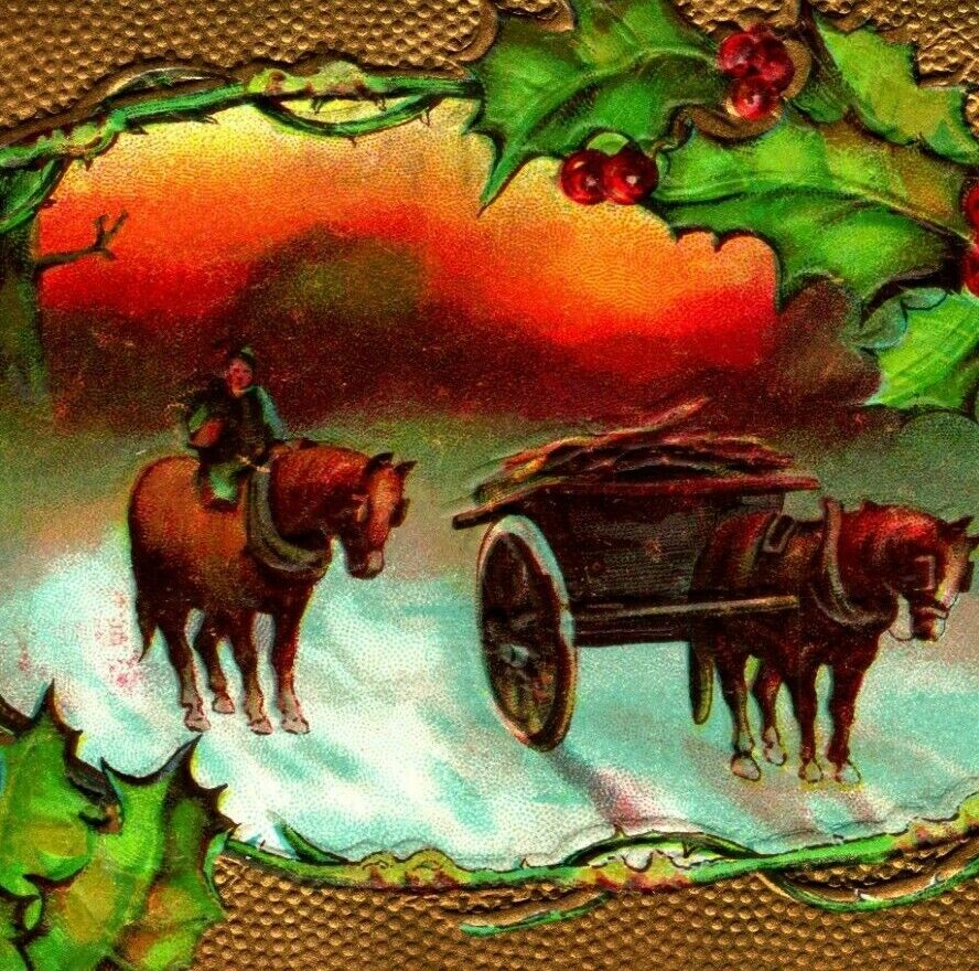 Merry Christmas Horse Drawn Cart Holly Frame Gilt Embossed 1909 Vtg Postcard