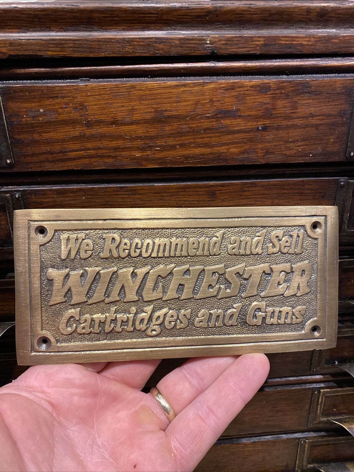 Winchester Metal Brass Plaque Sign Gunsmith Remington Collector Patina Decor WOW