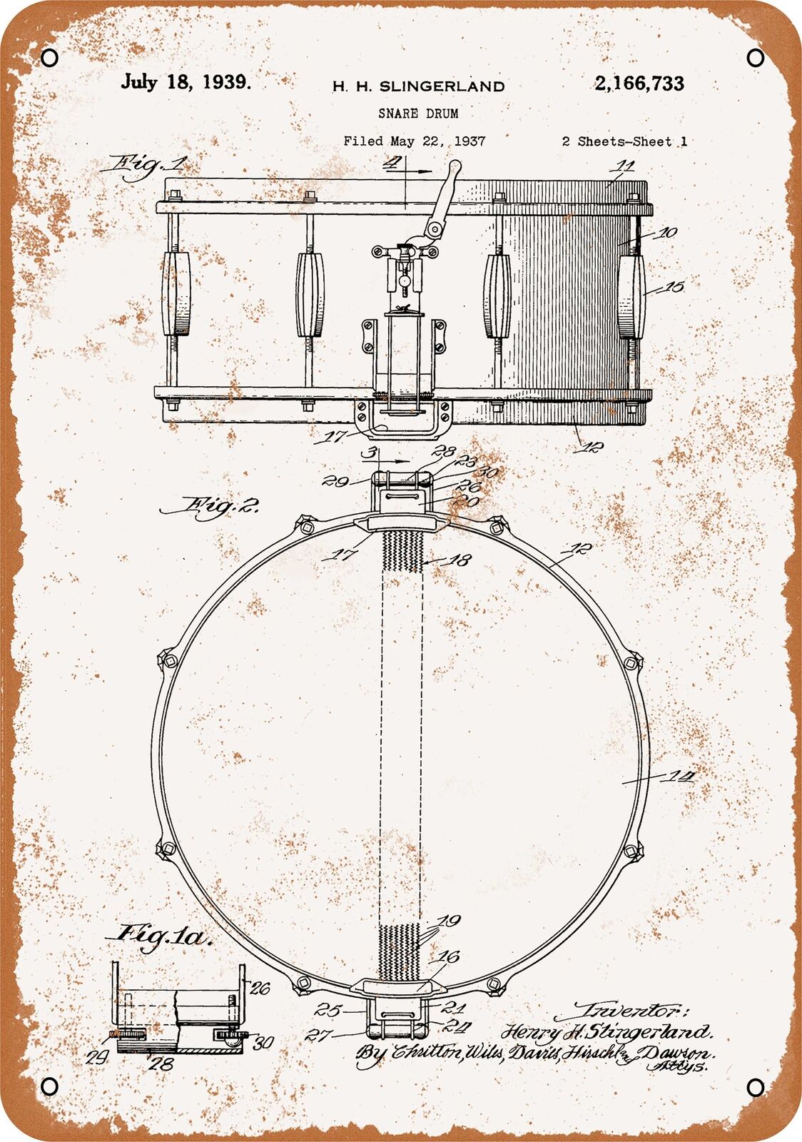 Metal Sign - 1939 Slingerland Snare Drum Patent -- Vintage Look