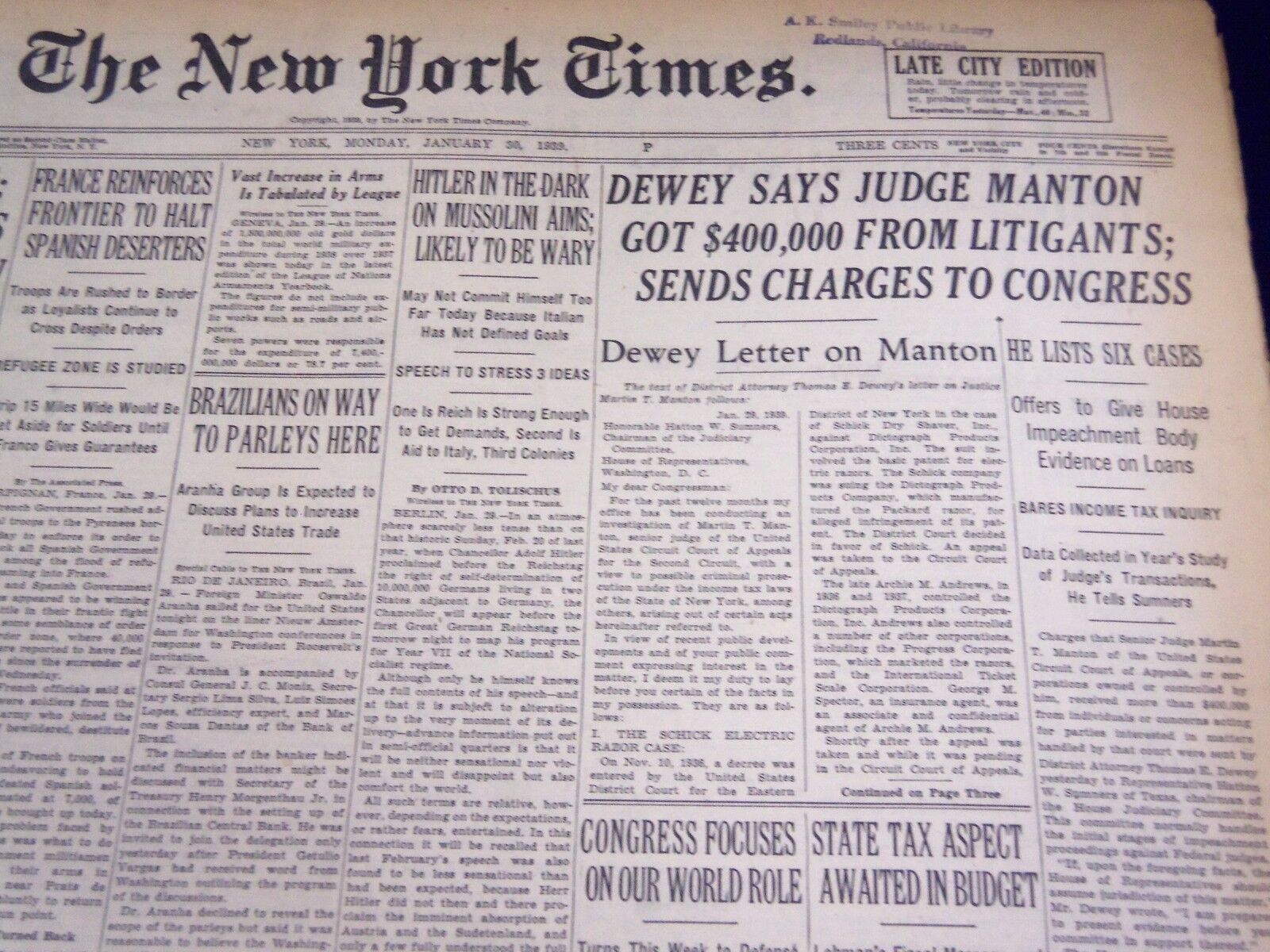1939 JAN 30 NEW YORK TIMES - DEWEY SAY JUDGE MANTON GOT $400,000 - NT 597