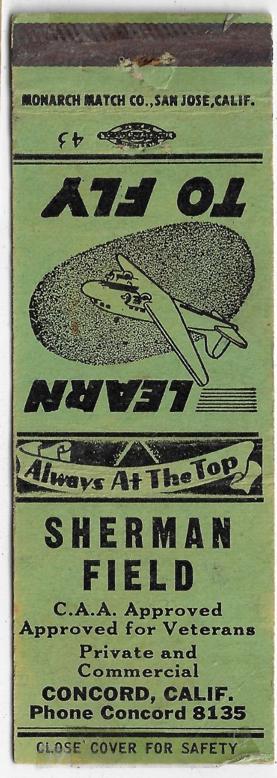 Learn to Fly Sherman Field Concord Calif. FS Empty Matchbook Cover