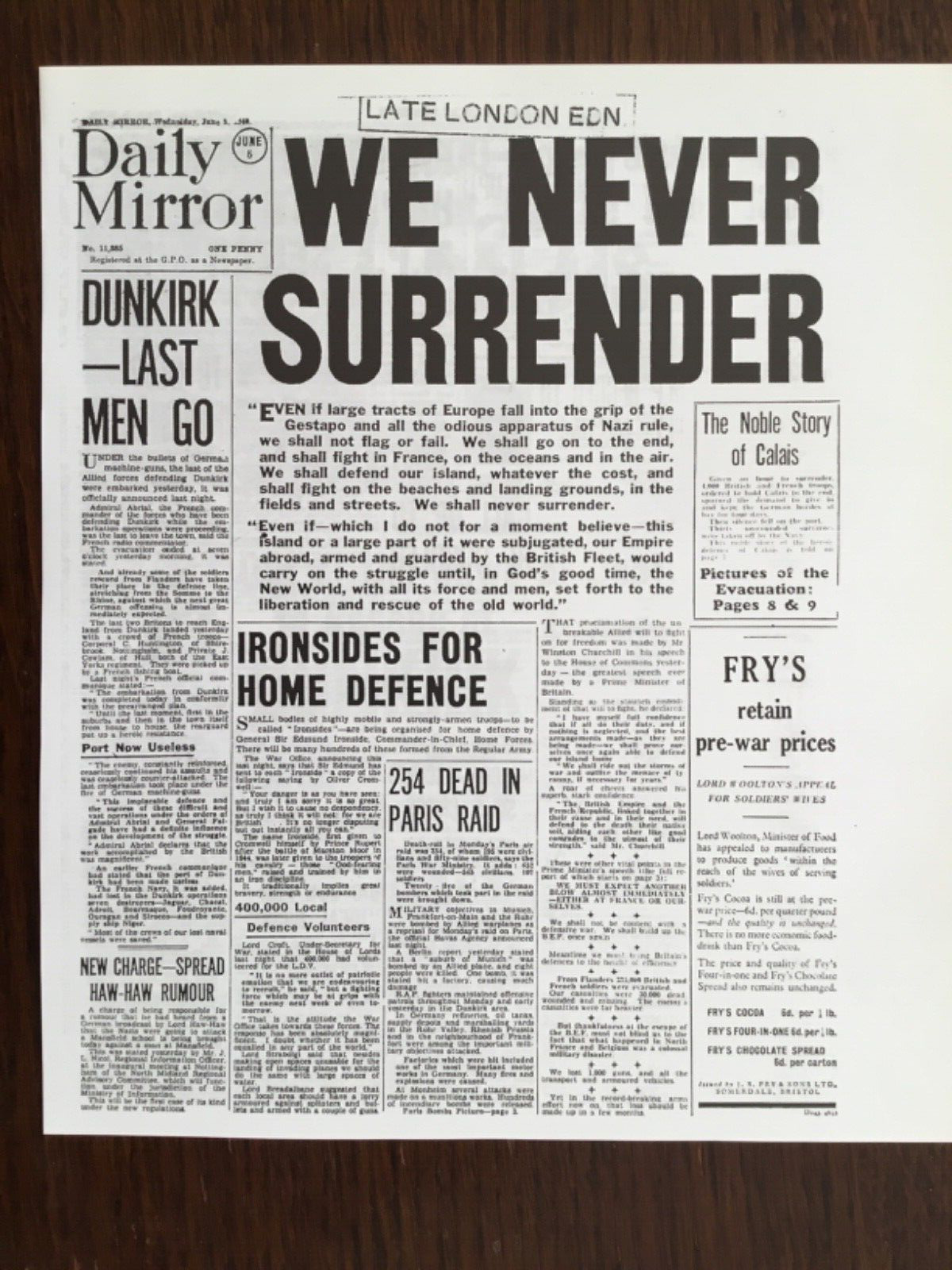 SMALL POSTER/NEWSPAPER PAGE(8.5”x 7”) 1940 DUNKIRK &  “WE SHALL NEVER SURRENDER”