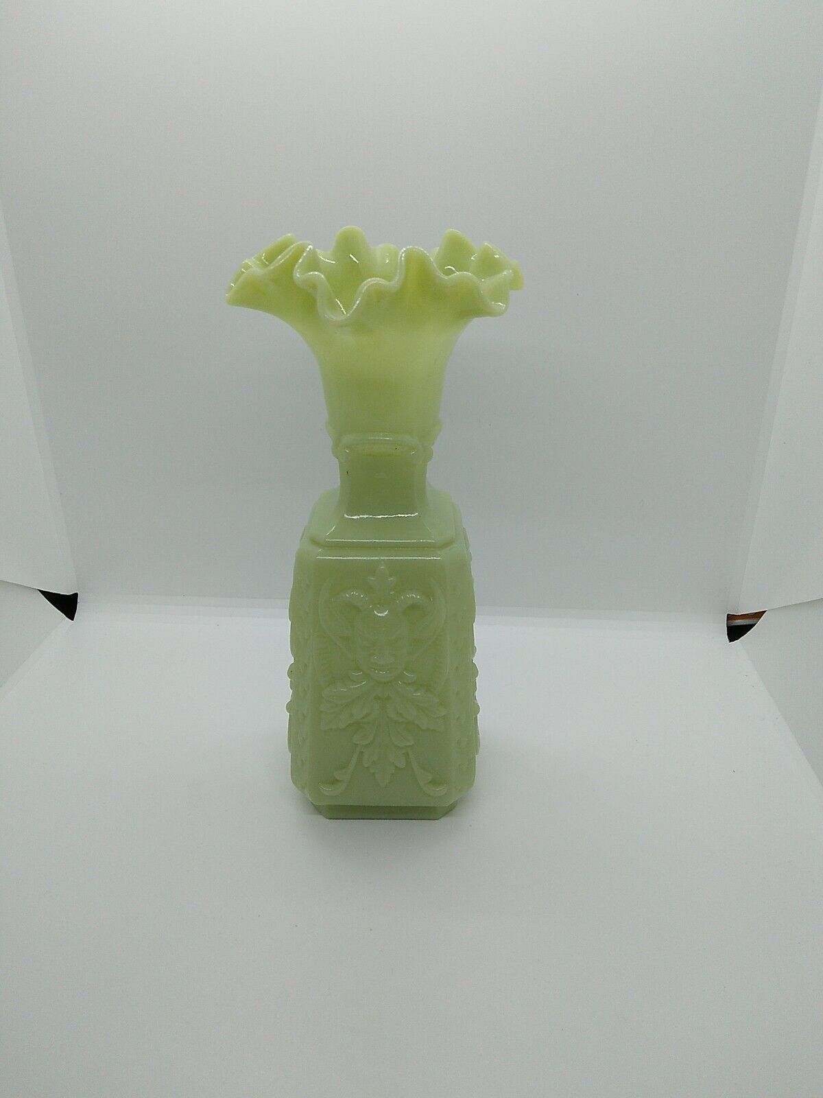 Rare Vintage Imp Glass Mephistopheles Green/White Milk Glass Vase Devil Greenman