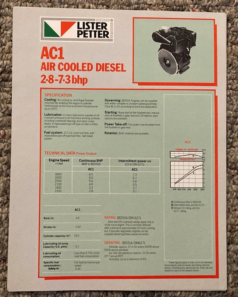 LA156 Lister Petter Diesel Engine AC1 Air Cooled Specification Sheet