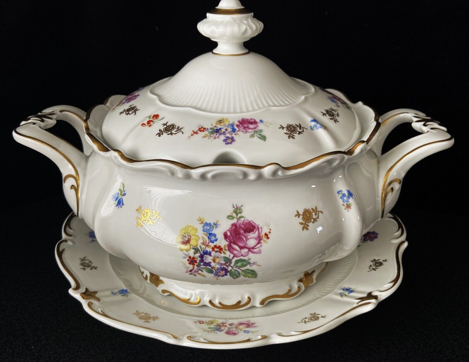 Reichenbach Germany Porcelain Footed Soup Tureen with Lid and Underplate