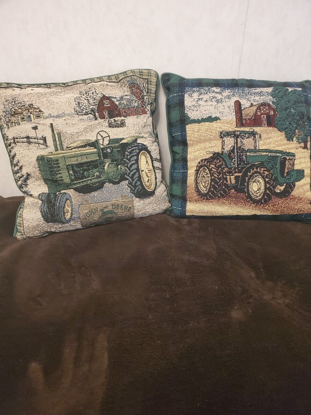 (2) John Deere 8420 Tractor/barn Scenery Vintage 15 Inch Throw Pillows