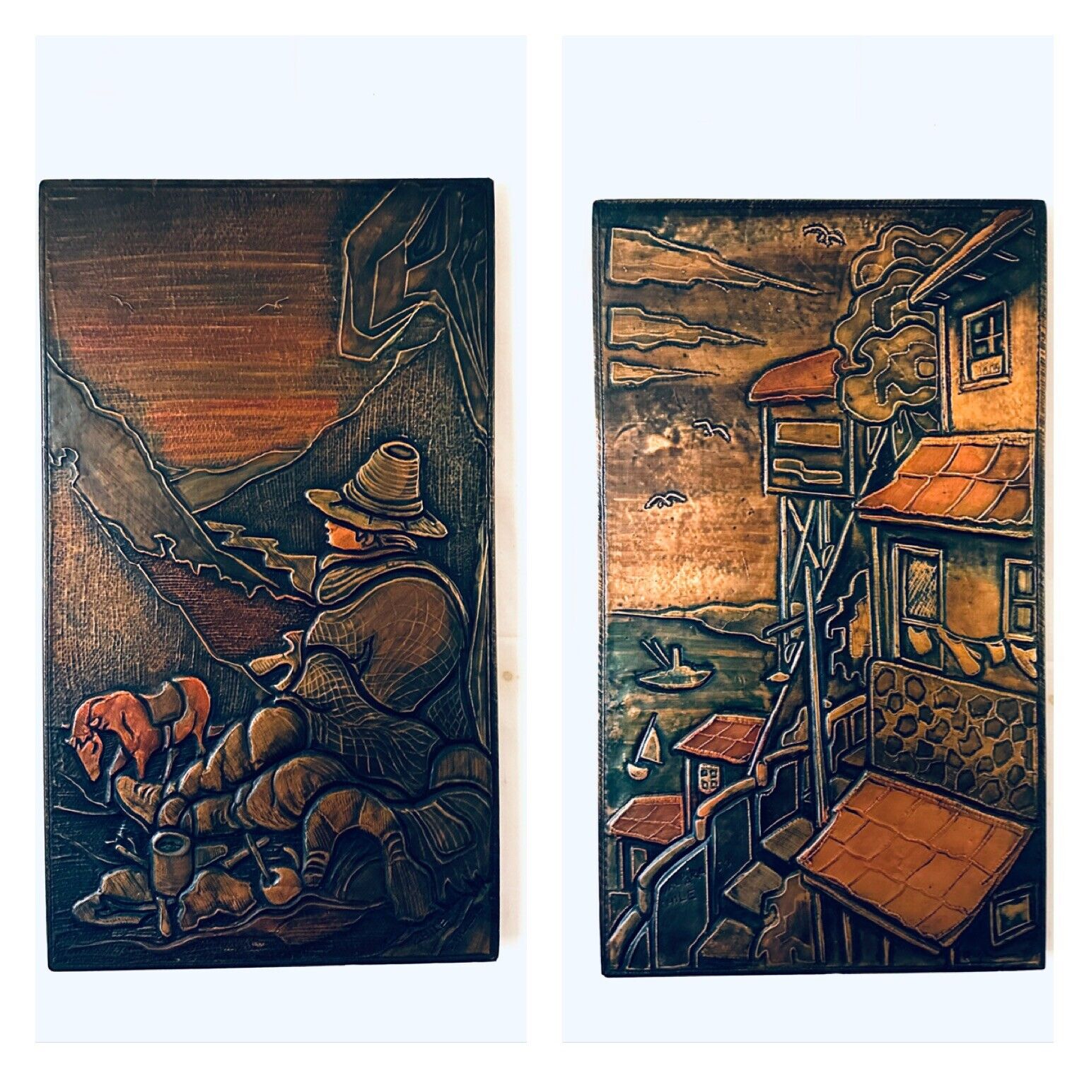 2 Mid Century 1950 Copper Relief 3-D Pictures Chilean Artist Signed 20\