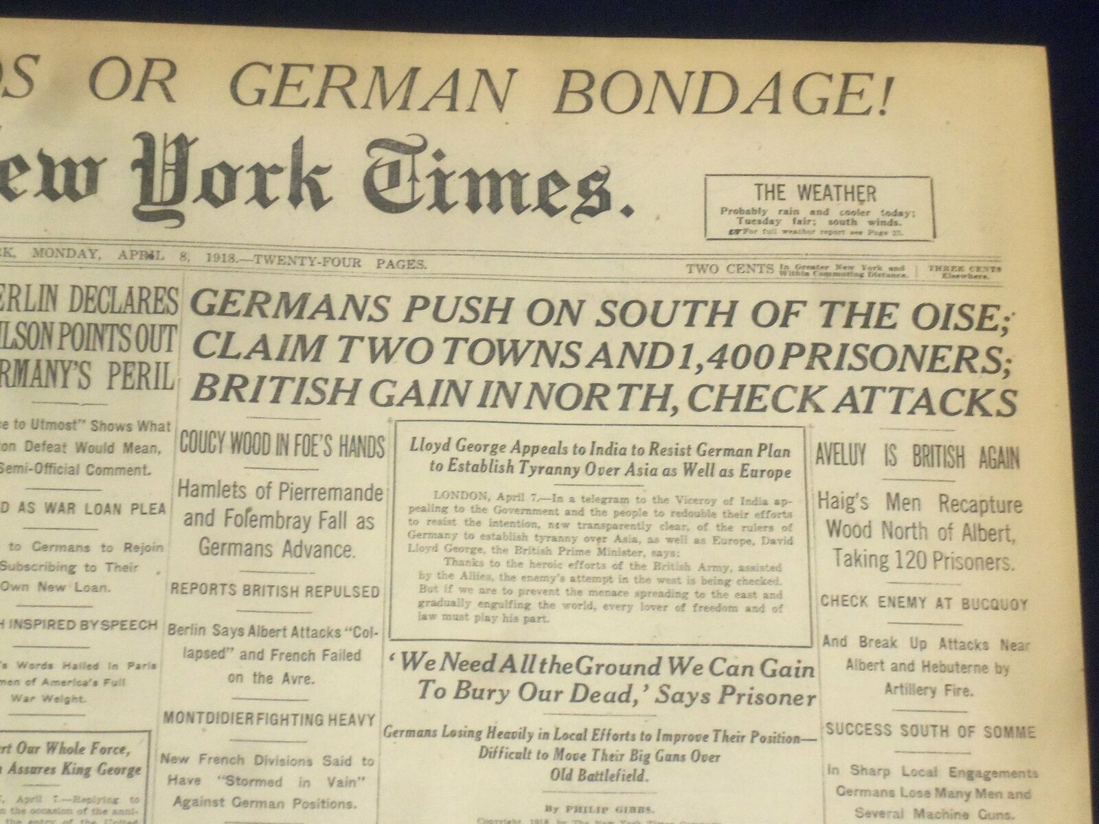 1918 APRIL 8 NEW YORK TIMES - GERMANS PUSH ON SOUTH OF THE OISE - NT 8205
