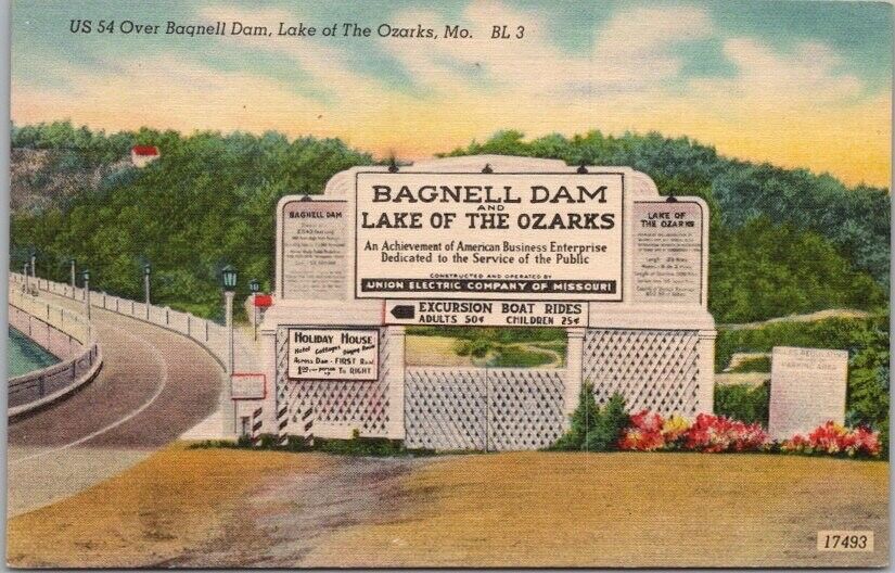 c1940s BAGNELL DAM Lake of the Ozarks Missouri Postcard Highway Sign View LINEN