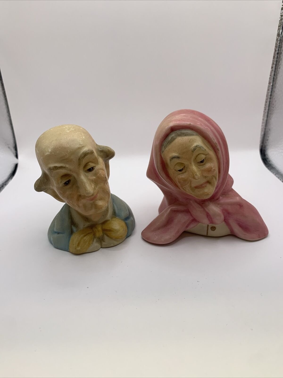 Head Figurines Elderly Couple Hand Painted Man & Woman 4 1/2