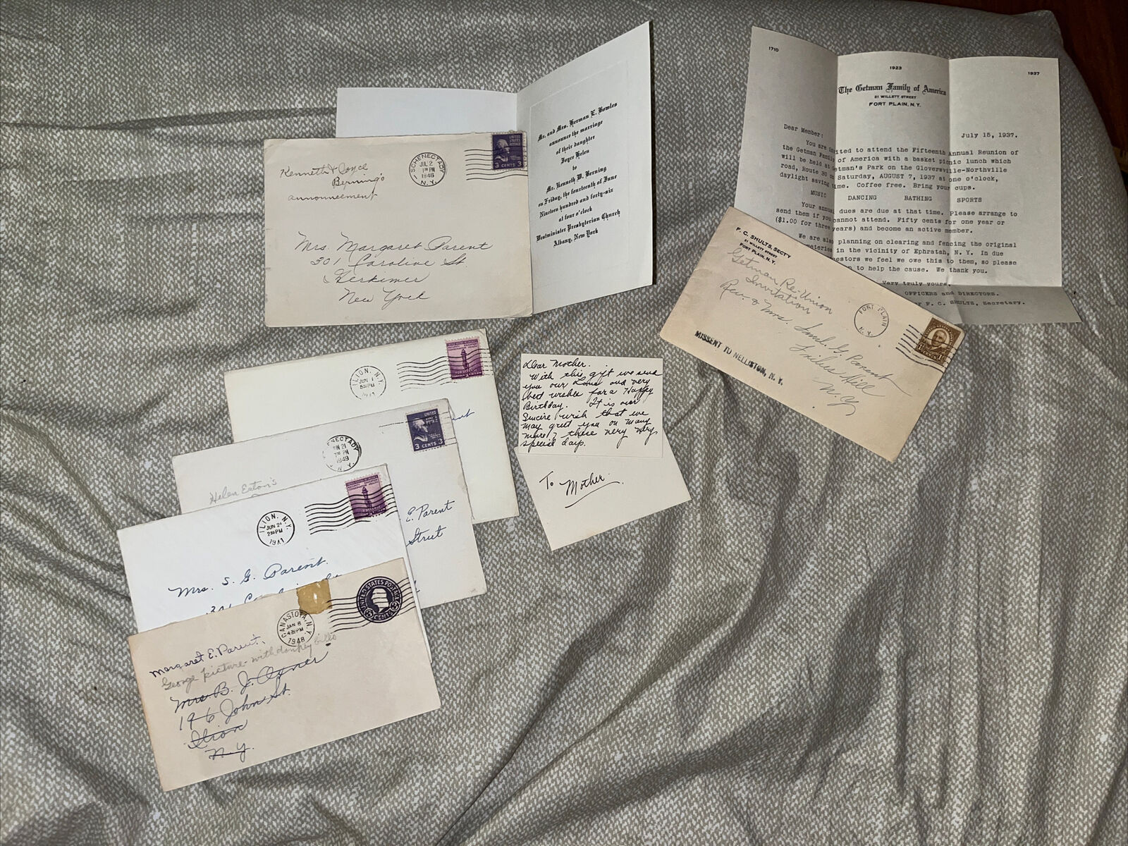 Antique 1940s Wedding & Family Reunion Invitations + Birthday Note + Envelopes