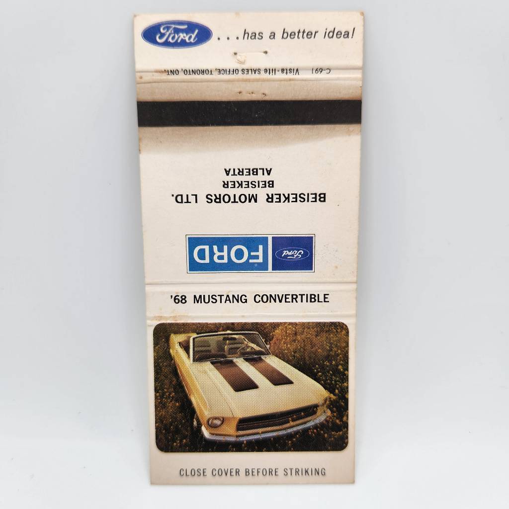 Vintage Matchbook 1968 Ford Mustang Convertible Beiseker Alberta Canada Collecti