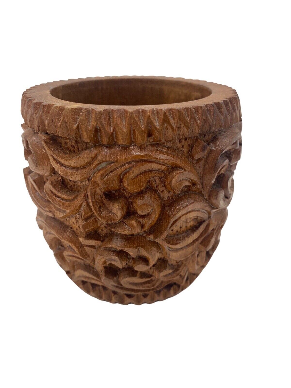 VINTAGE Hand Carved Ornate Dark Wood Jar Canister Container BOHO Rustic