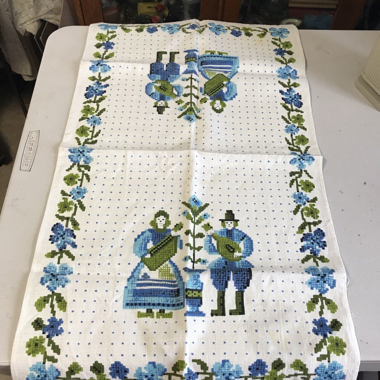 1960's Pure Linen Kitchen Towel Dish Pennsylvania Dutch Couple Blue Olive Green