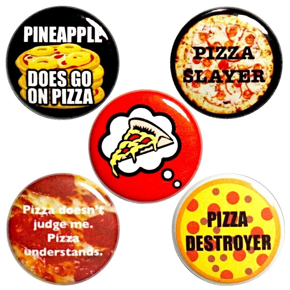 Vintage 80s 90s Style Pin Buttons Lot of 5 Funny Pizza Quote Buttons 1