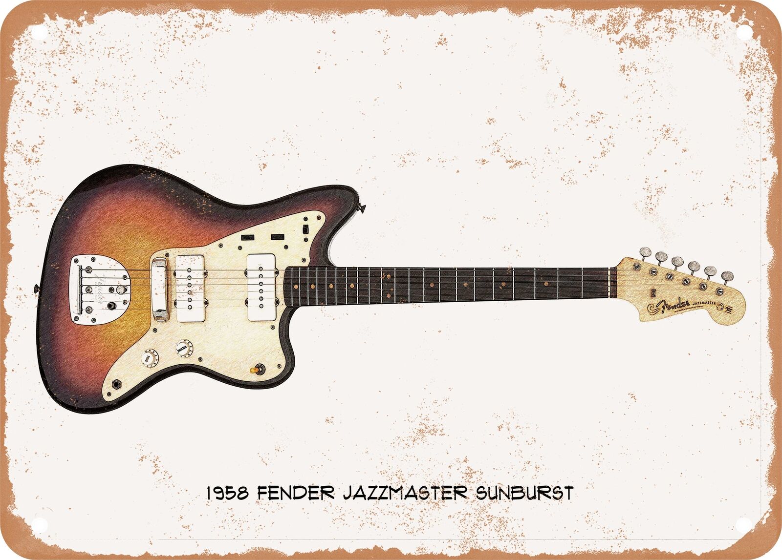 Guitar Art - 1958 Fender Jazzmaster Pencil Drawing - Rusty Look Metal Sign