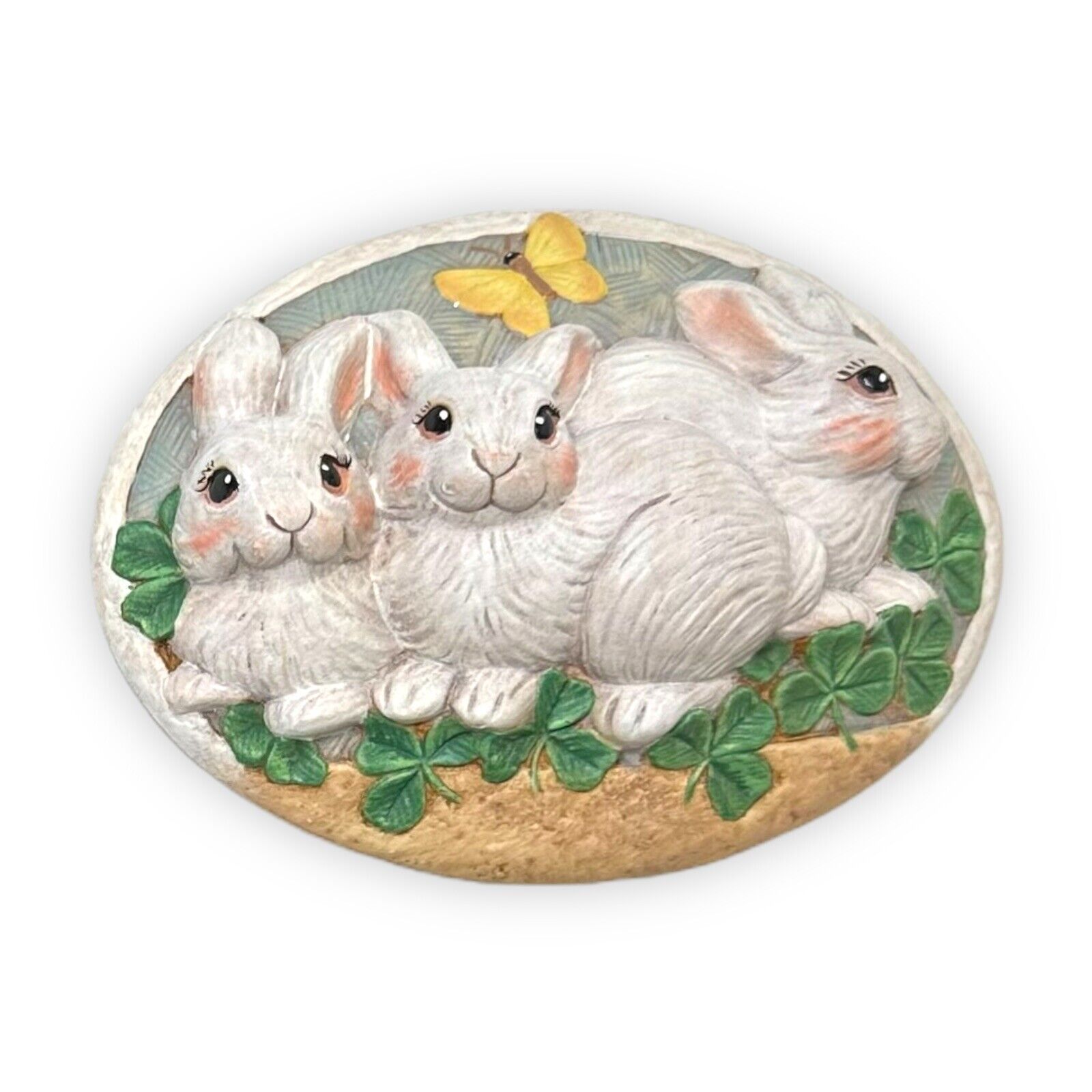 Vintage 3D Domed Oval Porcelain Flatback Wall Plaque Easter Bunny Bunnies Rabbit