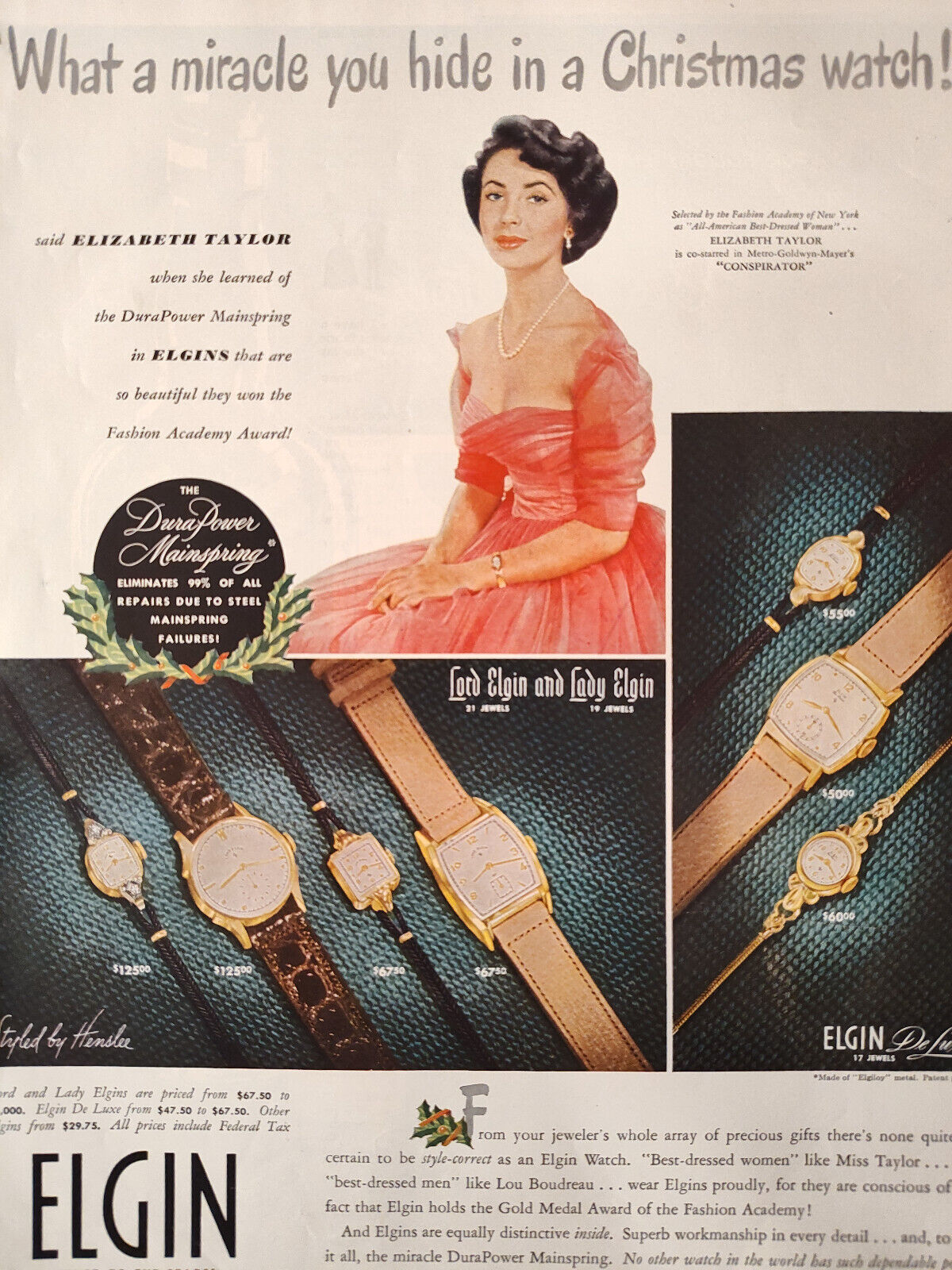 1949 Original Esquire Ads ELIZABETH TAYLOR for ELGIN Watches Heublein Cocktails