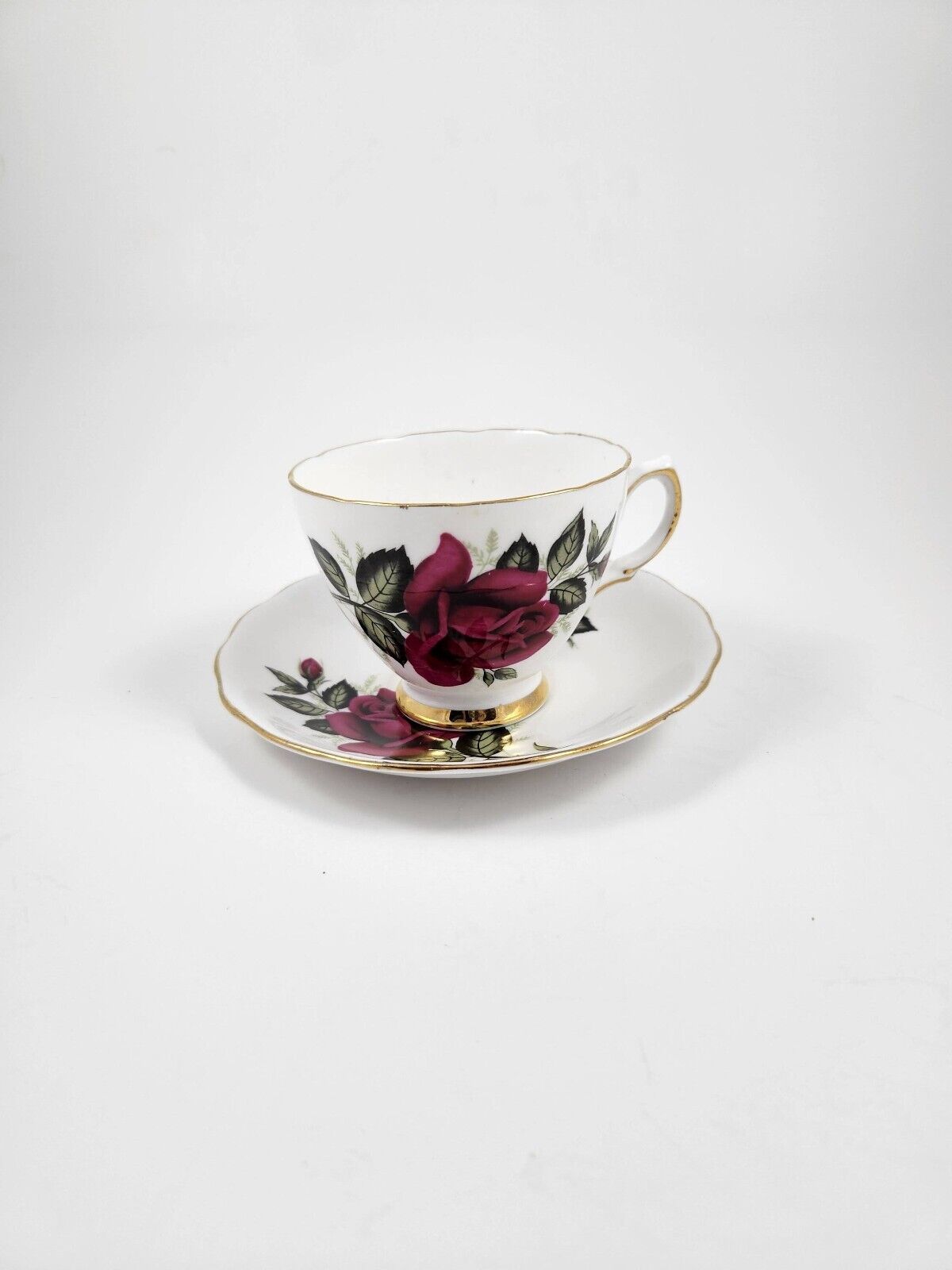 Vintage Colclough - Footed Teacup / Saucer - Featuring Red Roses And Gold Trim