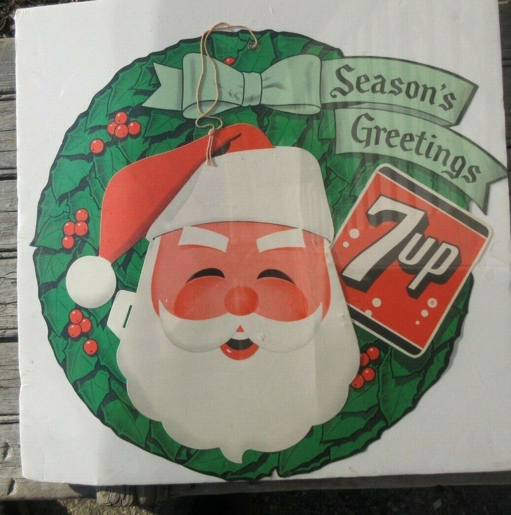 Vintage 7up Wreath Santa Christmas cardboard Sign Advertisement double sided F