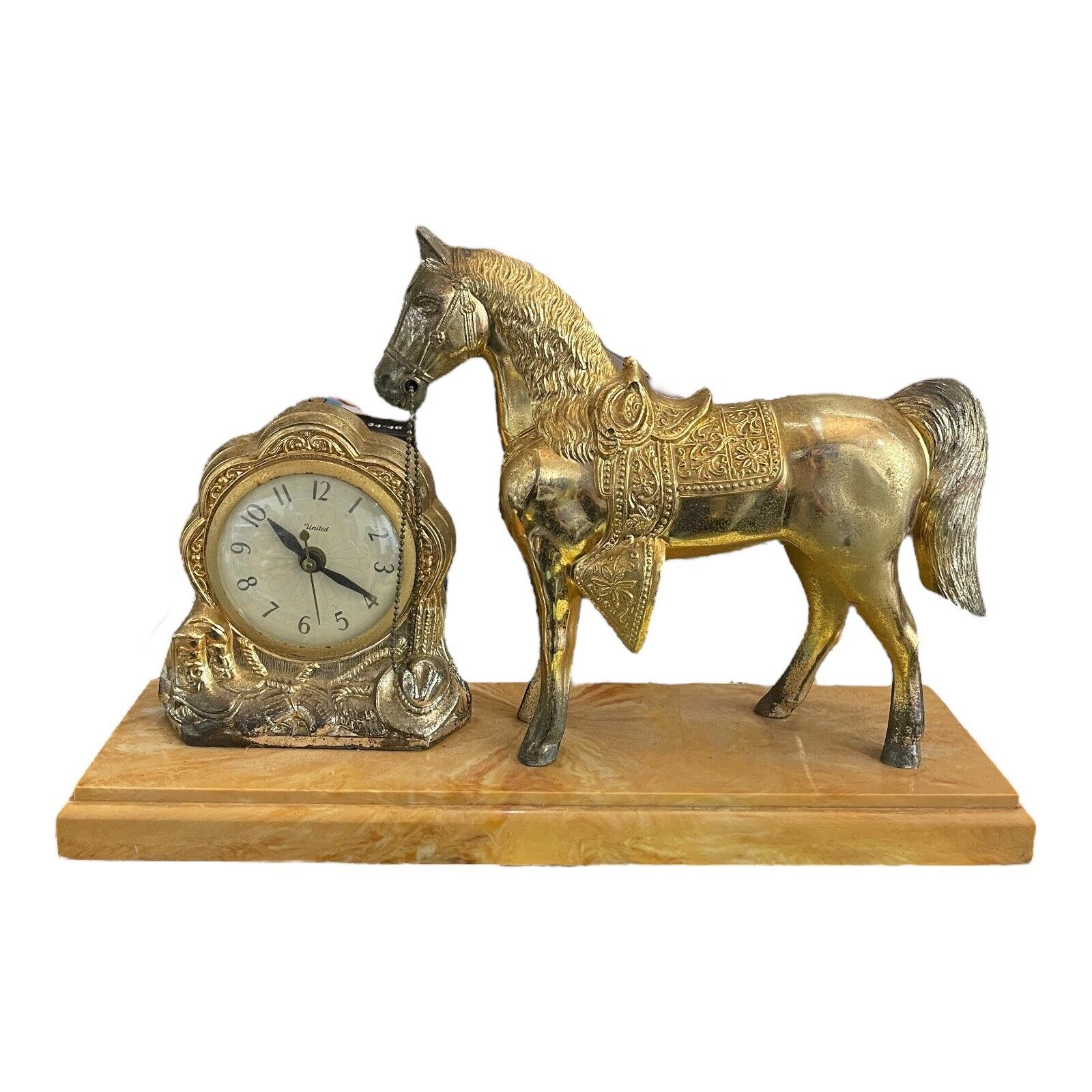 Vintage United Clock Cowboy Horse Mantel Model 310 MCM Western Faux Marble WORKS