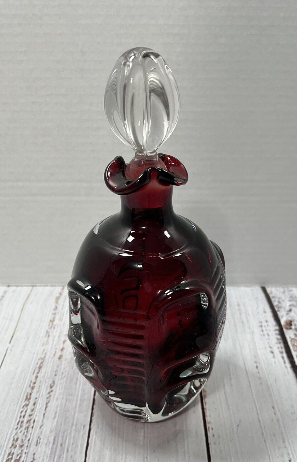 Vintage 1960s Mid-Century Pinched Glass Red Decanter With Glass Stopper MCM