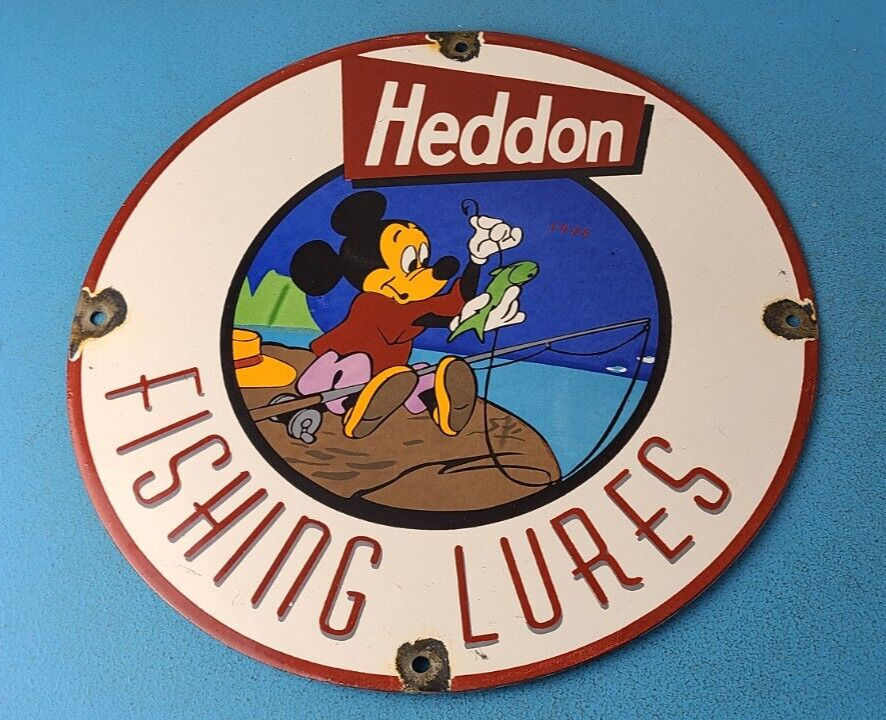 Vintage Heddon Fishing Lures Sign - Mickey Mouse Tackle Gas Pump Porcelain Sign