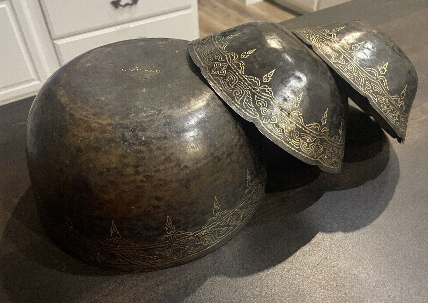 Set of 3 Vintage Solid Brass Bowls 9”, 8”, 7” Carved Etched Ornate B100