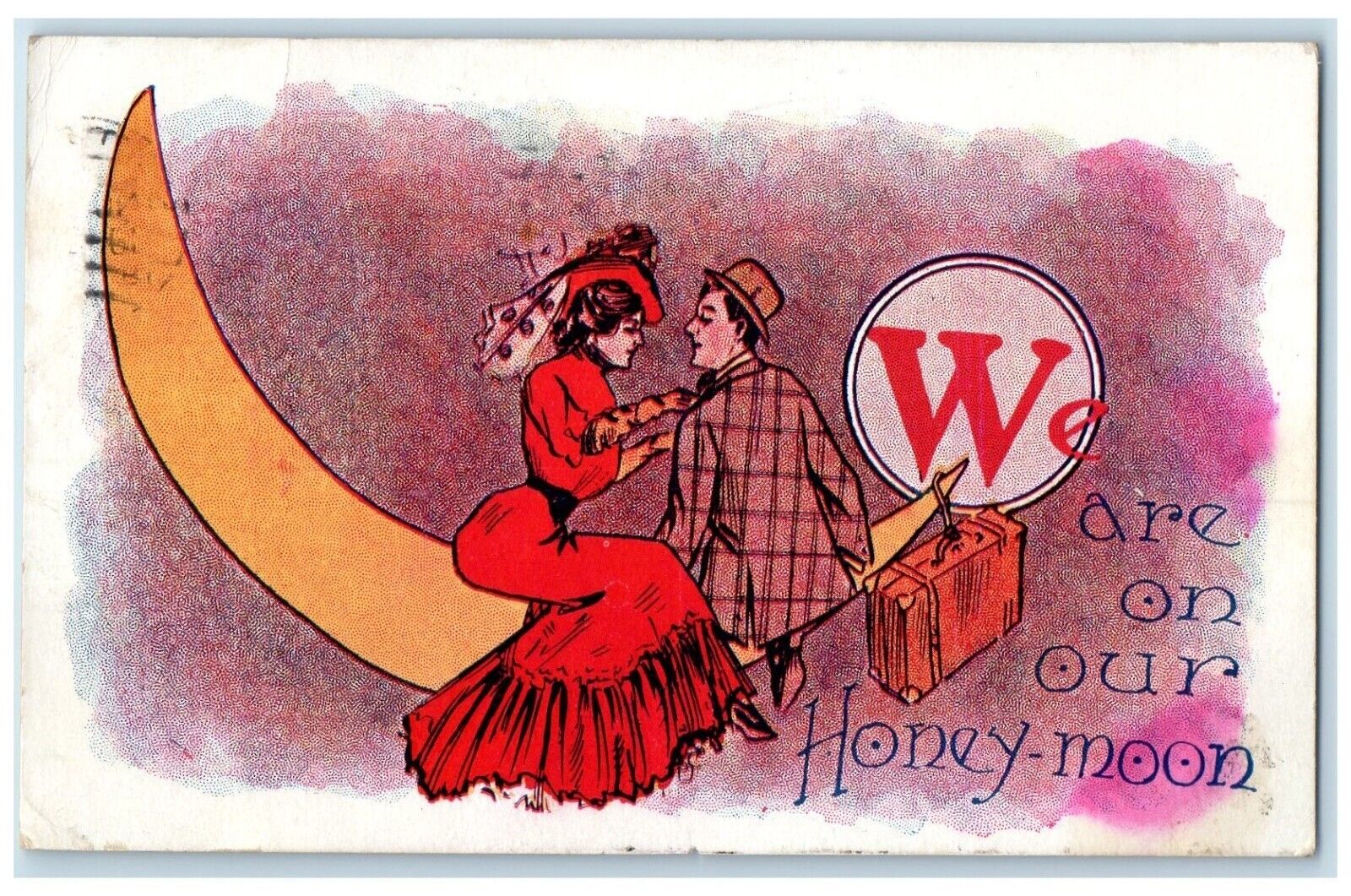 1908 Couple Romance Crescent Moon We Are On Our Honeymoon St. Cloud MN Postcard