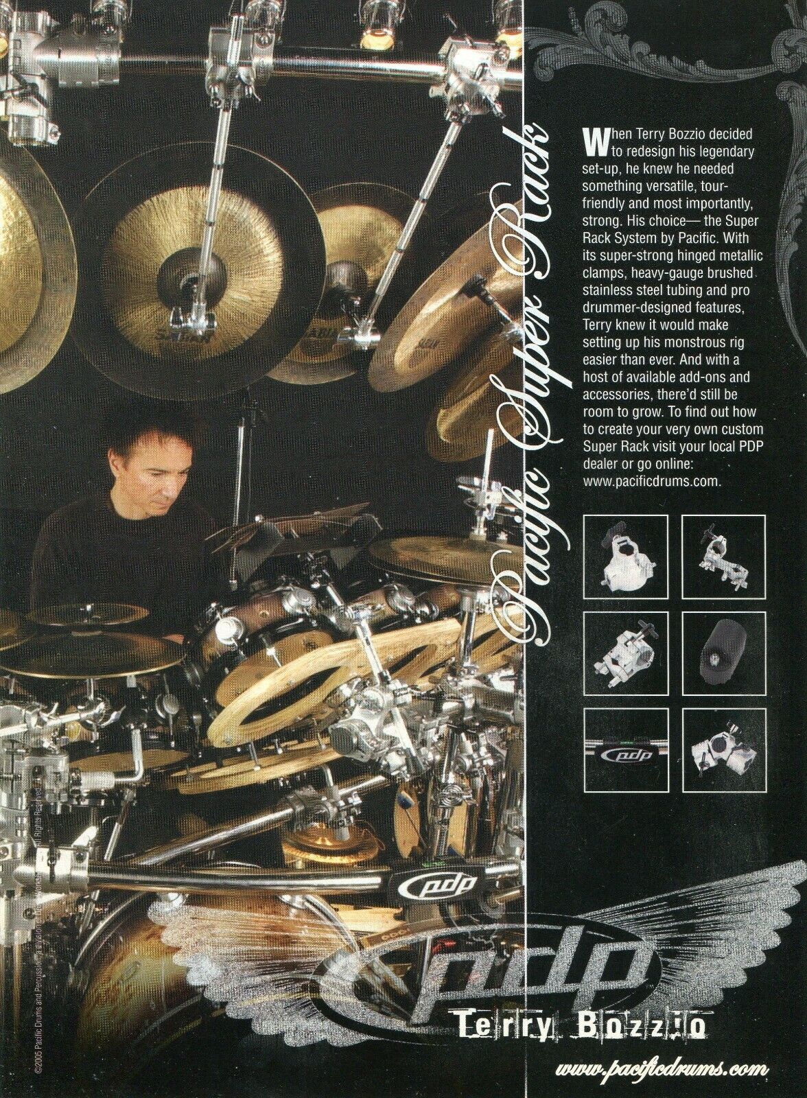 2005 Print Ad of DW Drum Workshop PDP Pacific Super Rack System w Terry Bozzio