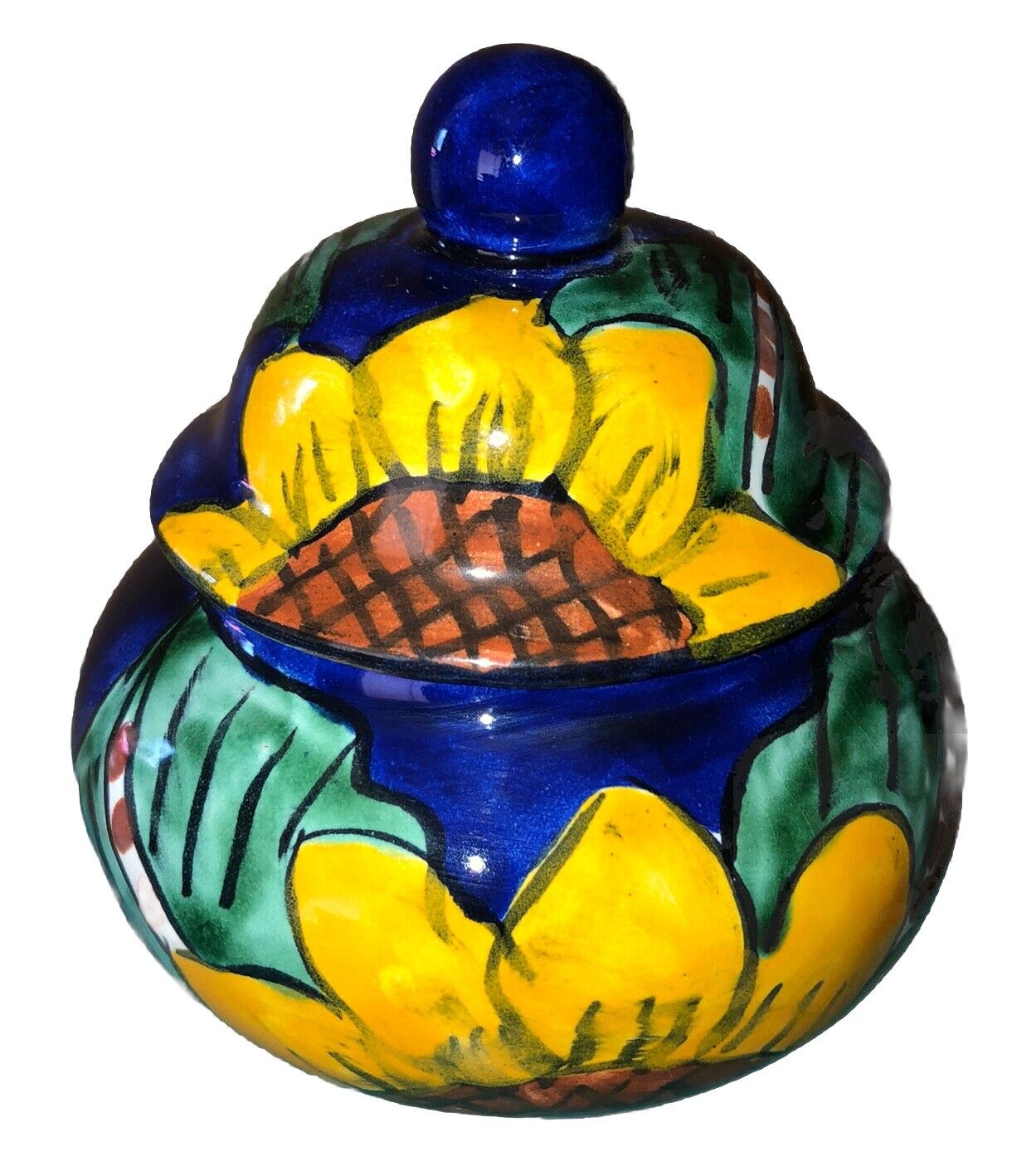 Vintage Sunflower & Cobalt Blue Mexico Red Clay Pottery Canister Lidded Dish ￼