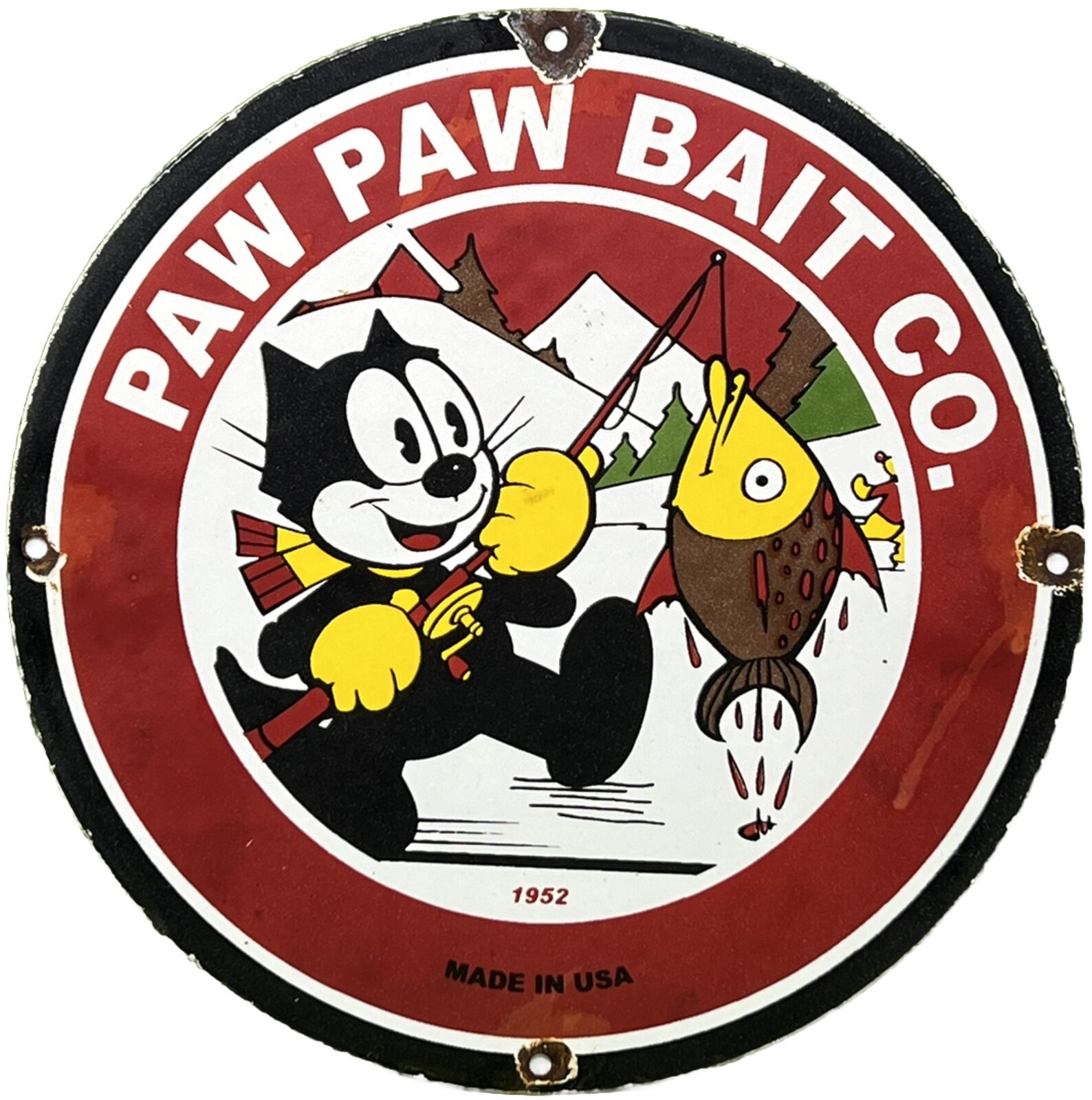 VINTAGE PAW PAW TACKLE FISHING LURES PORCELAIN SIGN GAS BAIT OUTBOARD FELIX CAT