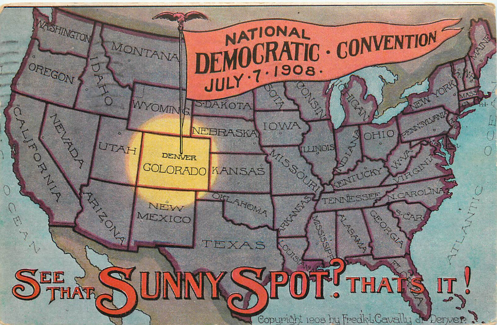 Vintage Postcard National Democratic Convention July 1908 Denver CO  Map Of USA