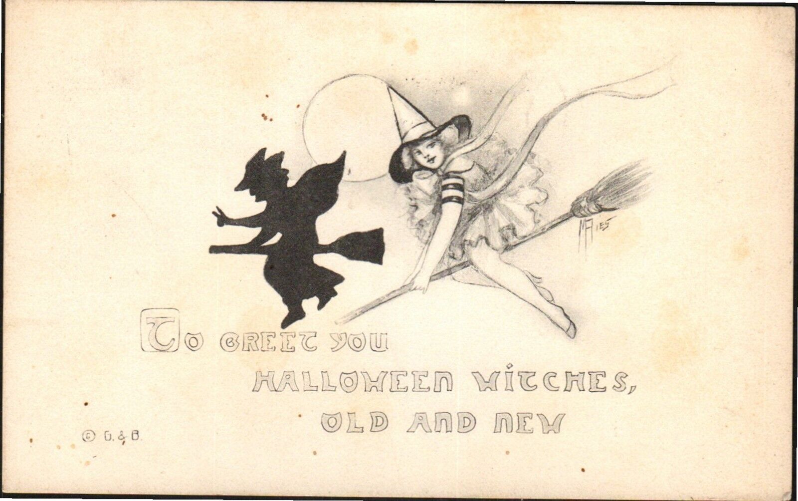 Postcard Halloween Cute Witch on Broom C-1914 Antique Posted