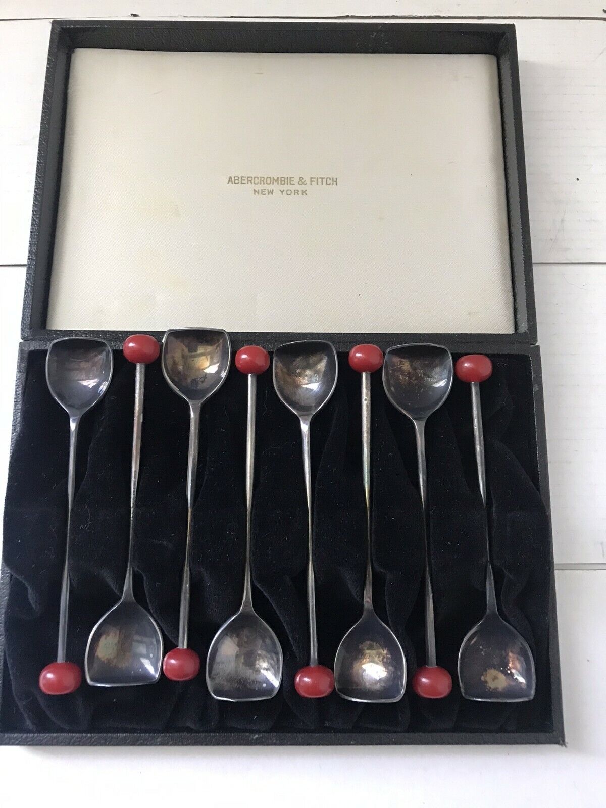 Vintage ABERCROMBIE & FITCH Silver Plate 8 Piece Box Set Cocktail MUDDLER Spoons