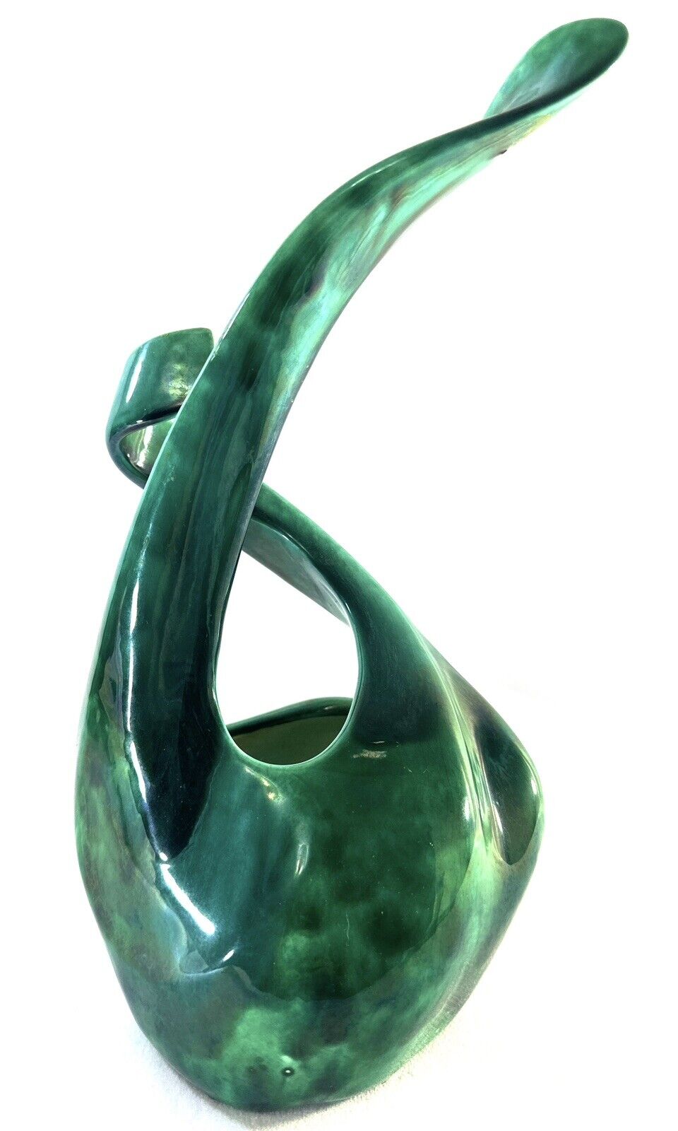 Vintage 60s Unique Pottery Planter Vase Green Painted Ceramic Swirl 12” Tall
