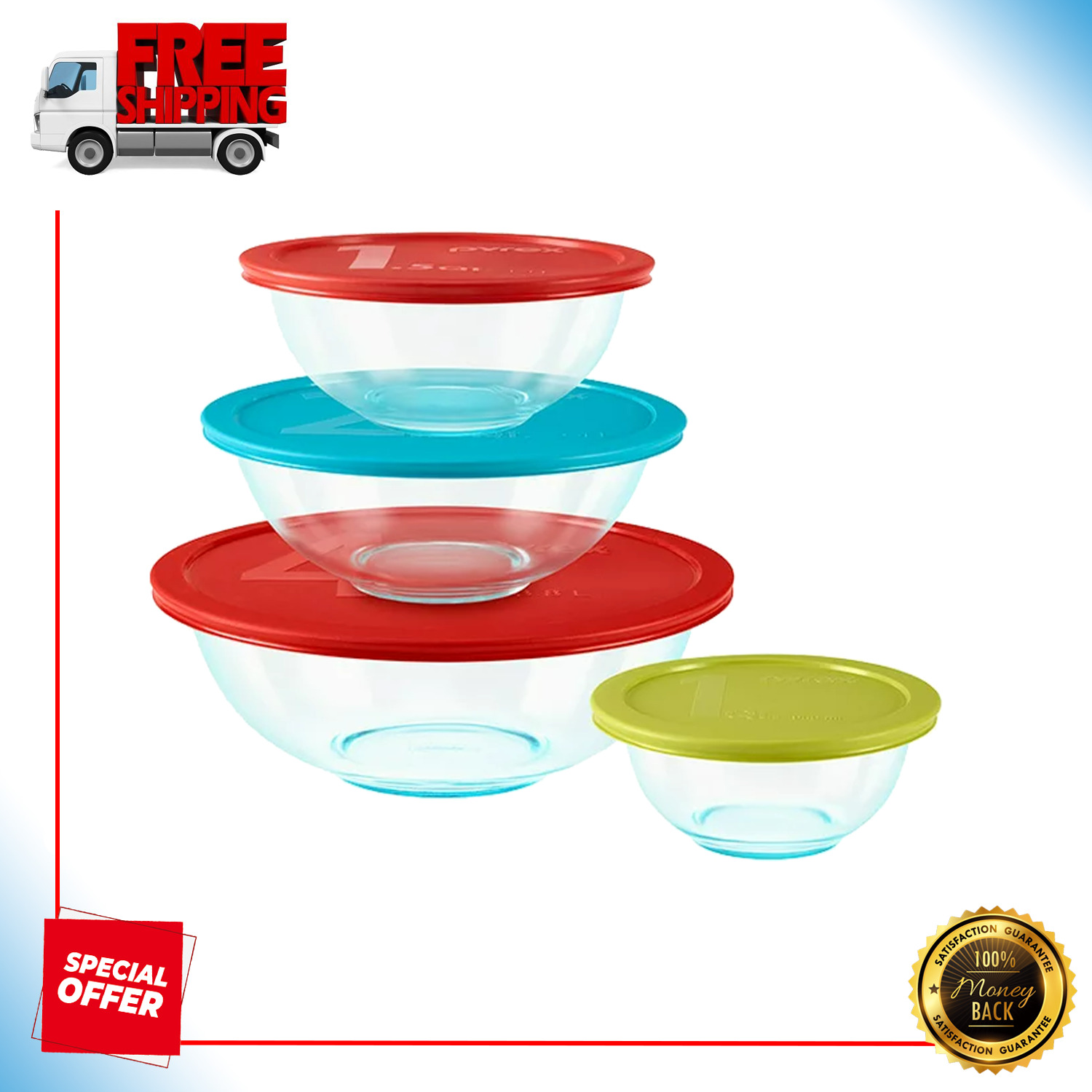 Glass Mixing Bowl 8 Piece Glass Set Multi-Colored Plastic Lids With Mixing Bowls