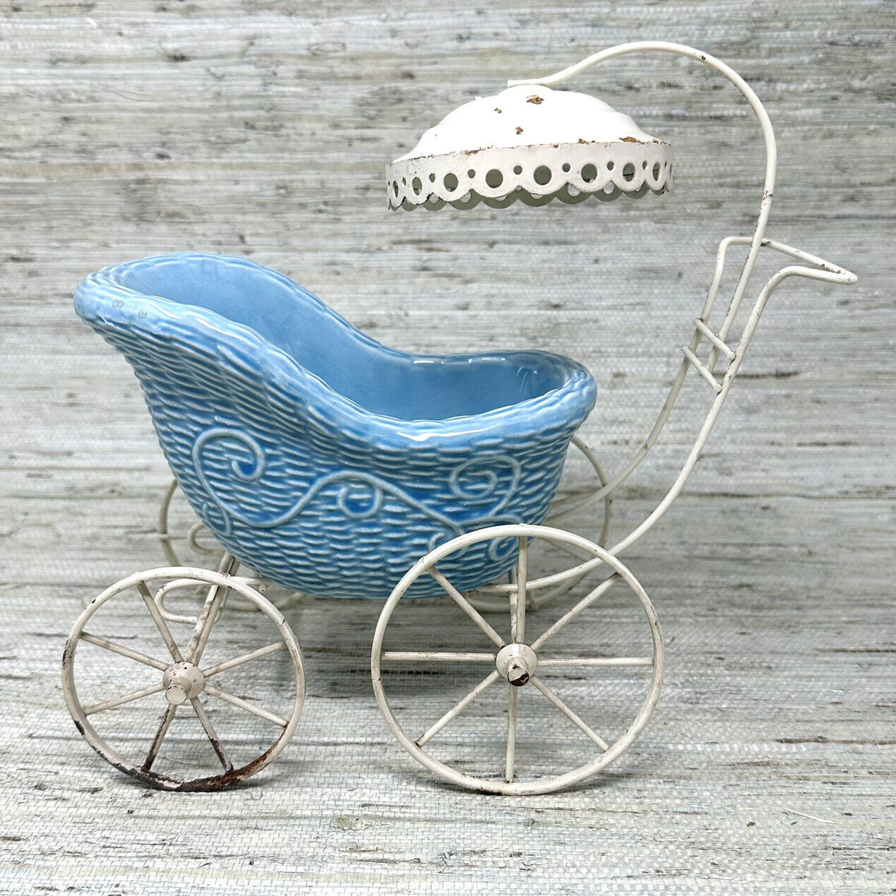 Vintage Baby Carriage Planter Removable Ceramic Basket Buggy Pram Metal Wire 9”W