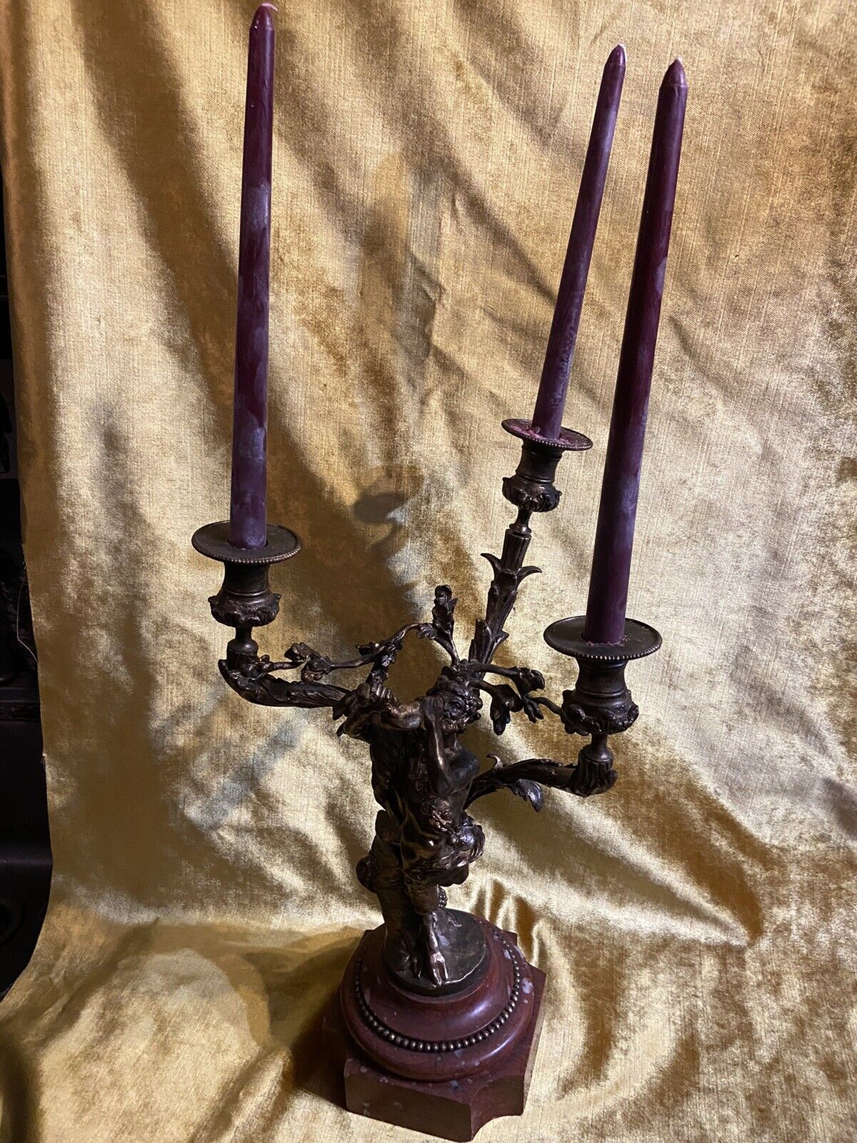 Antique Devil Satyr Pan Bronze Candle Holder Occult Large Heavy Marble Piece
