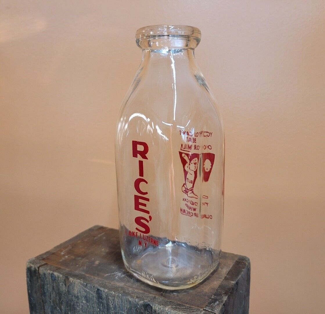 Rare ANTIQUE Glass Milk Bottle RICE\'S DAIRY & CREAM of LAKE LUZERNE, NY 1QT ☆USA