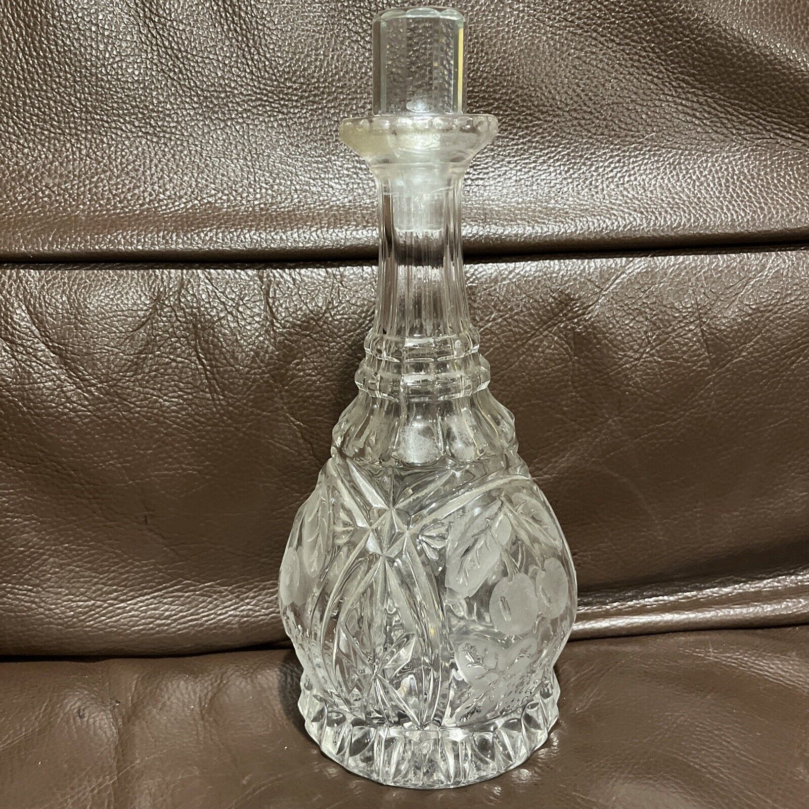 Antique Vintage Crystal Glass Round Shape Bottle with Glass Stopper 11” Tall 