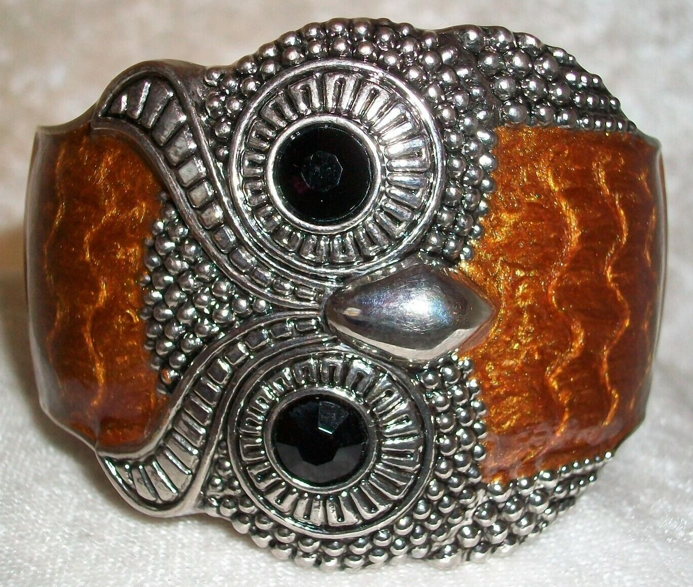 Anthropologie Enamel Silver Plate Great Horned Owl Bird Boho Clamper Bracelet