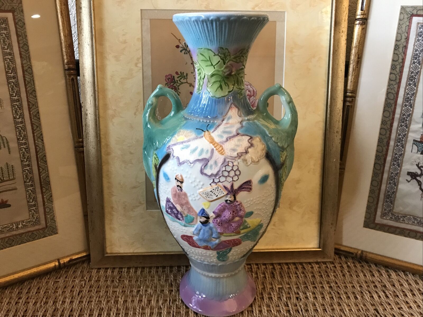 Vintage Chinese Vase Large Heavy Textured Polychrome Phoenix Bird Handles Rare