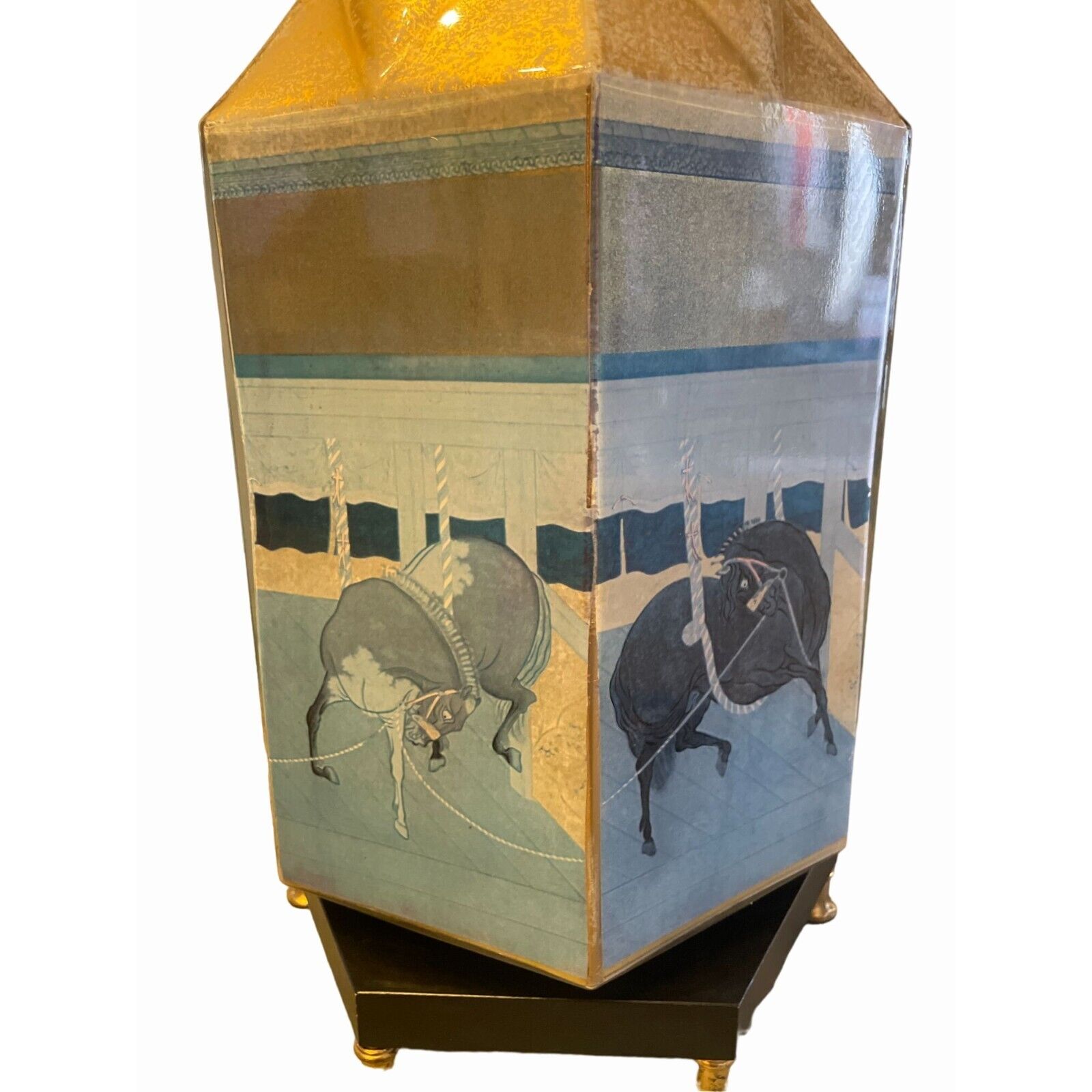 Vintage reverse painted hexagon lamp equestrian carousel horse blue and gold